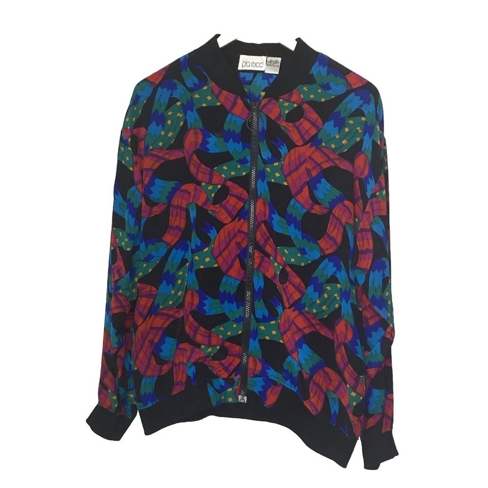 Vintage 80s Pia Rucci Women’s Silk Jacket full zip geometric pattern SZ Medium